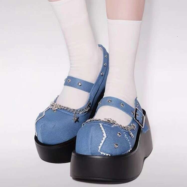 2024 Denim Thick Bottom Single Shoe with One Button Round Head Punk Subculture Sponge Cake Casual Height Boosting Shoes