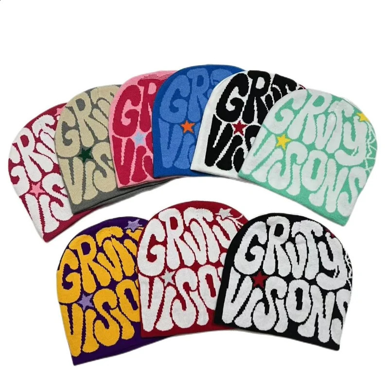Pullover Beanie Hat Men Women Letter Spider Web Pattern Knitted Beanies Autumn Winter Warm Hip Hop Y2k Bonnet Acrylic Cap 240716