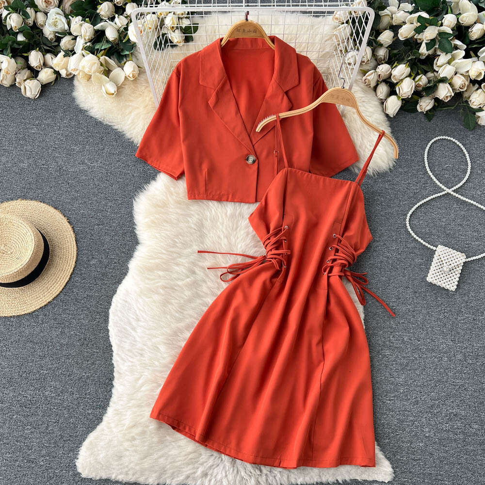 This Years Trend is Beautiful Two-piece Sets for Womens Summer Short Suits, Jackets with Straps, Waist Cinching, and Suspenders. Dresses Are Trendy BO