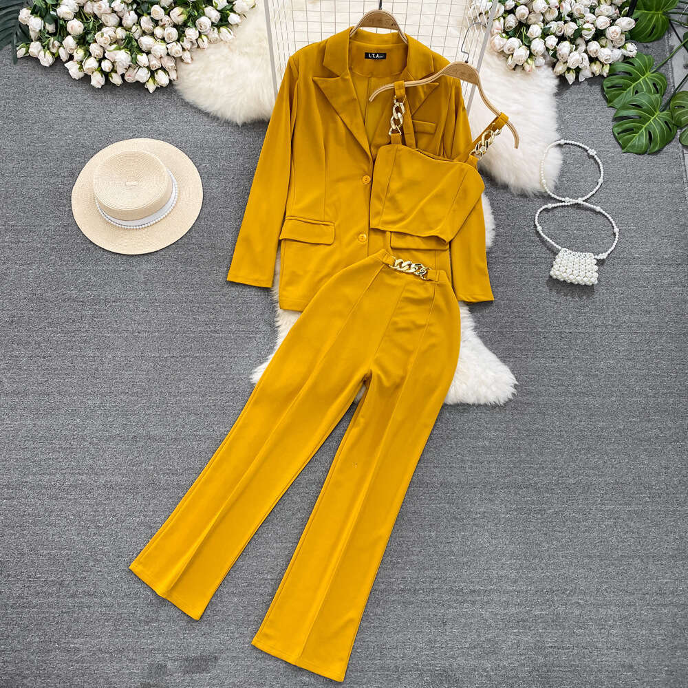 Fashion Womens High Waisted Small Leg Professional Cropped Pants, Three Piece Set with Suspender Vest, Loose Suit Jacket, Spring Bifurcated Silk Dress