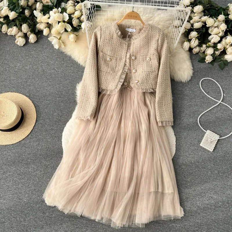 Autumn Spaghetti Strap Woolen Patchwork Mesh Tulles Midi Dress Short Tweed Jacket Coat For Women 2 Pieces Set Outfits 240724