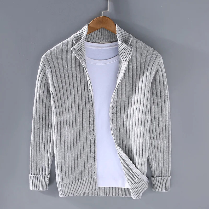 Autumn Winter Men Cardigan Sweater Mens Stand Collar Zipper Cotton 100% Thickened Knit Solid Color High Street Clothes 240816