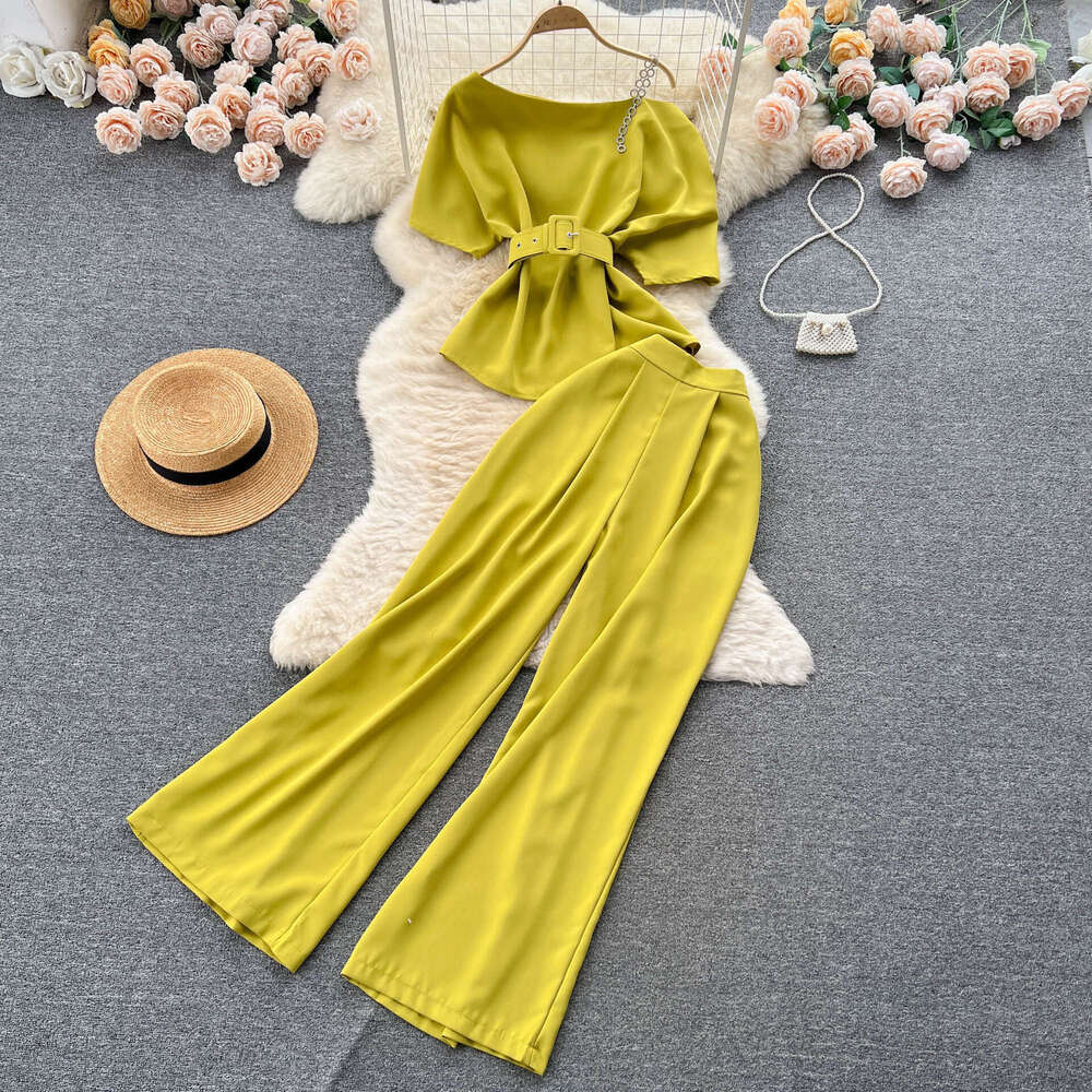 Light Mature Style Royal Sister Womens Summer 2023 New One Off Shoulder Top Versatile Wide Leg Pants Two Piece Set Trendy Novelty Short Waist Round Ne