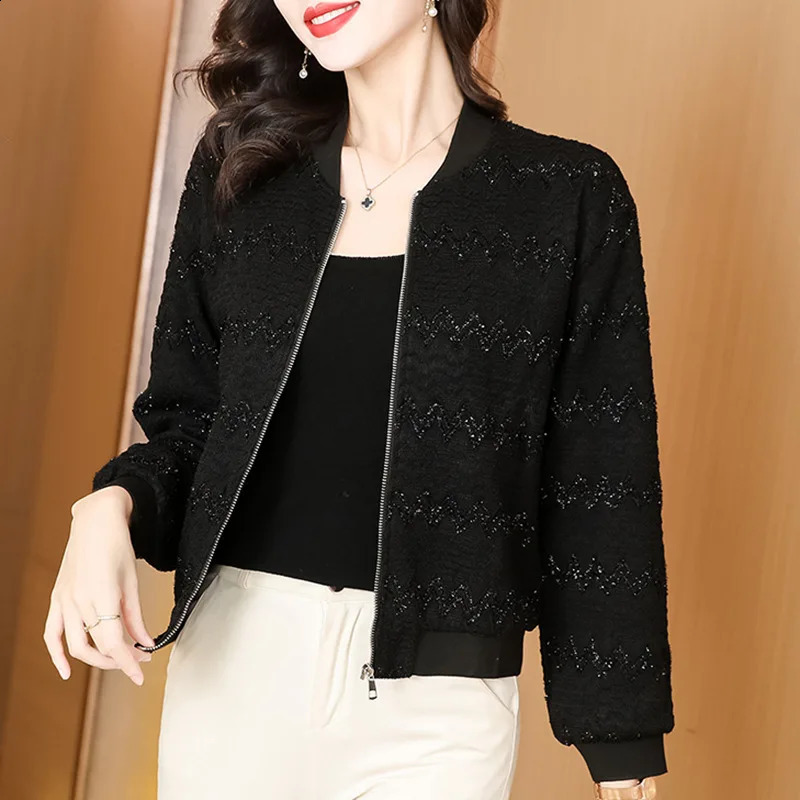 #5363 Black Baseball Jacket Women Zipper Slim Short Coat Ladies Stand Collar Vintage Outerwear Womens Jackets And Coats Slim 240812