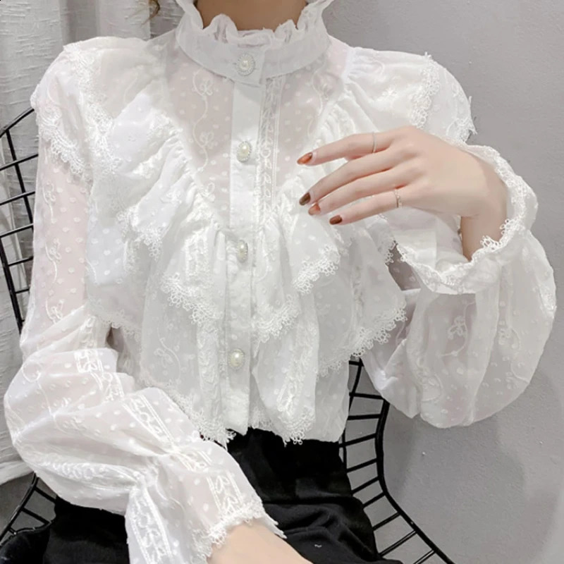 Korean Style Ruffle Stitching Lace Blouse Fashion Long Sleeve Loose Chiffon Shirt Elegant Stand Collar Pleated Tops Blusas 15832 240723