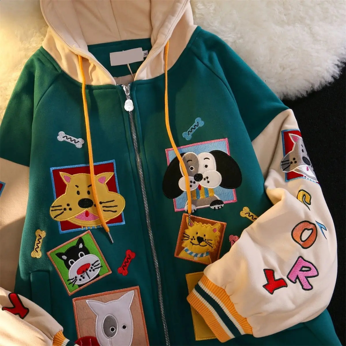 Color Block Vintage Cute Cartoon Print Zip Up Hoodies Women Kawaii Spring Clothes Sweatshirt Jackets Coats Oversized Teens 240723