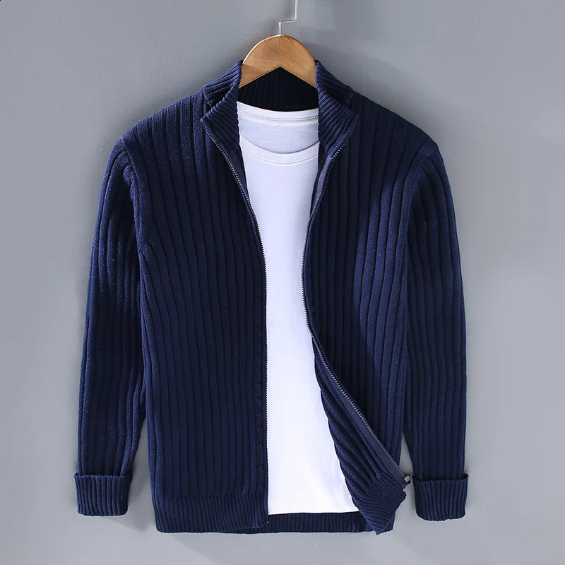 Autumn Winter Men Cardigan Sweater Mens Stand Collar Zipper Cotton 100% Thickened Knit Solid Color High Street Clothes 240816