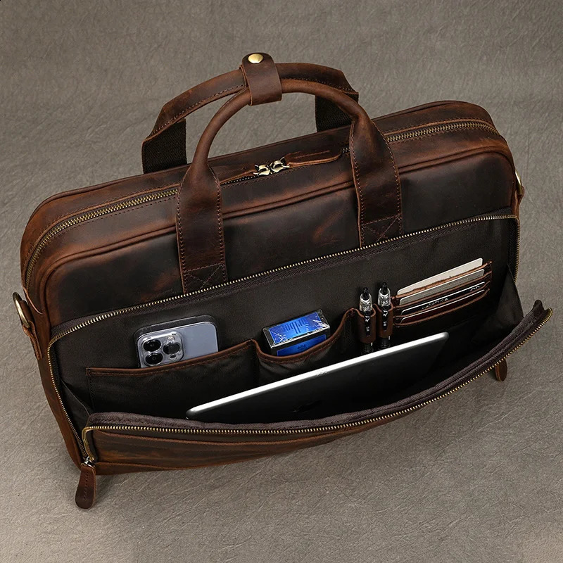 Men Briefcase Genuine Leather Laptop Bag 14 15.6 PC Doctor Lawyer Computer Bag Cowhide Male Briefcase Leather Men Business Bag 250804