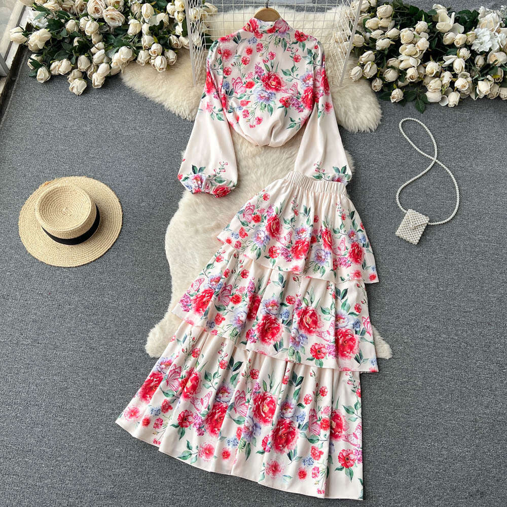 Spring Outfit New Style Temperament Sweet Print Womens Lantern Sleeve Shirt+high Waisted Cake Skirt Two-piece Set Trendy Sexy Round Neck Dress BOHO DR