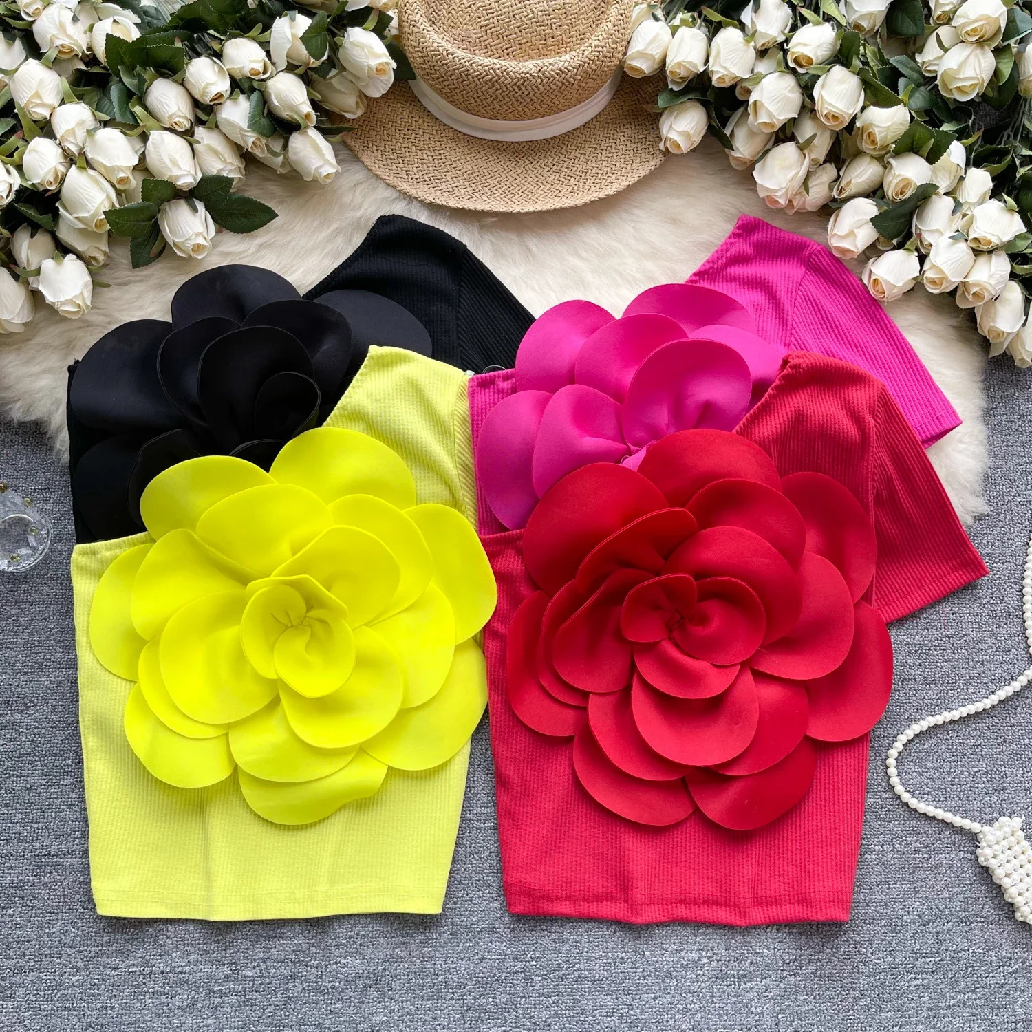 Summer Chic Skew Collar Off Shoulder Blouse Threedimensional flower pleated Slim Sexy Fashion Top sweet Women Shirt 240723