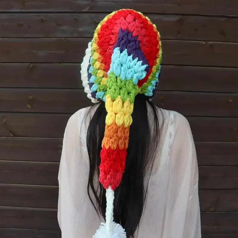 Womens Crochet Rainbow Long-tailed Hat Knitted Wool Rainbow Hat Parent-child Winter Long Braid Elf Hat 240719