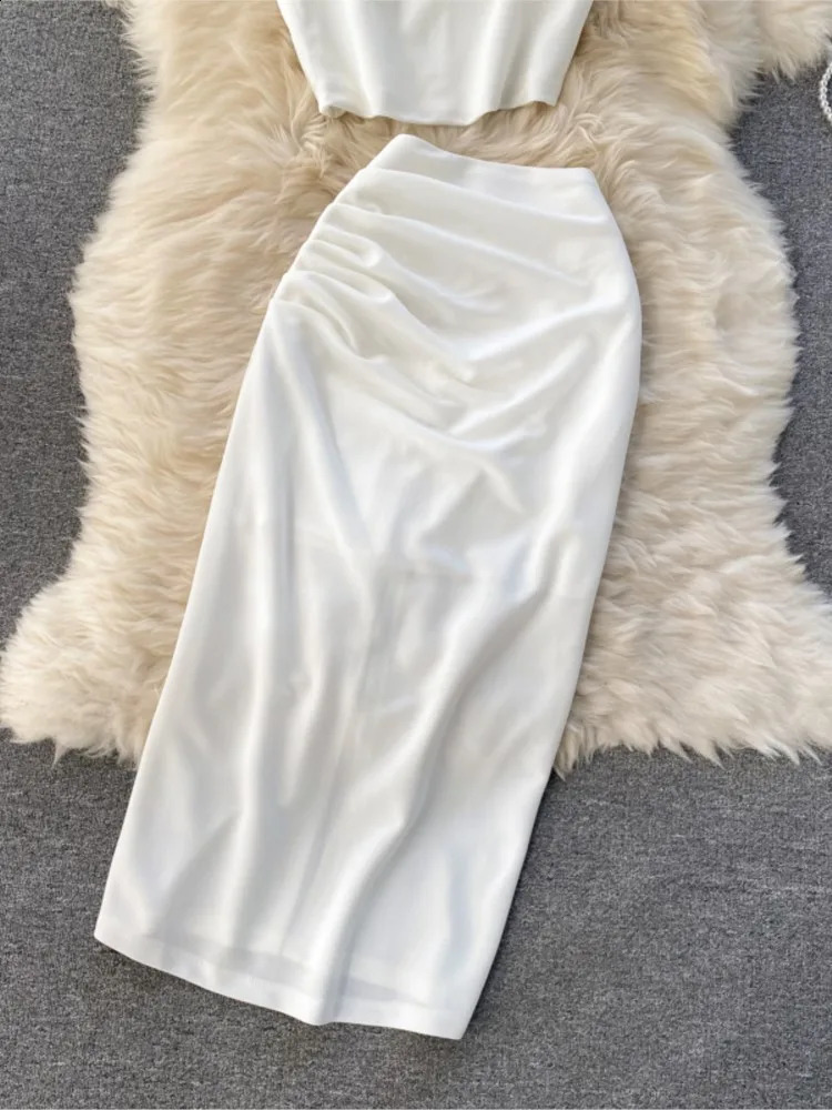 Summer Women Fashion Skirt Set Sexy Sleeveless Tank Tops High Waist Slim Long Saya Female Two Piece Suits White Black Clothes 240713