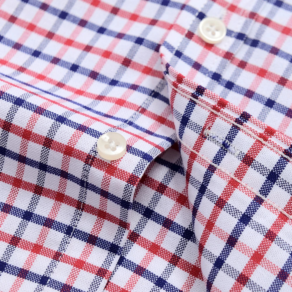 Mens Versatile Casual Checkered Oxford Cotton Shirts Single Pocket Long Sleeve Standard-fit Button Down Gingham Striped Shirt 240724 - view 5