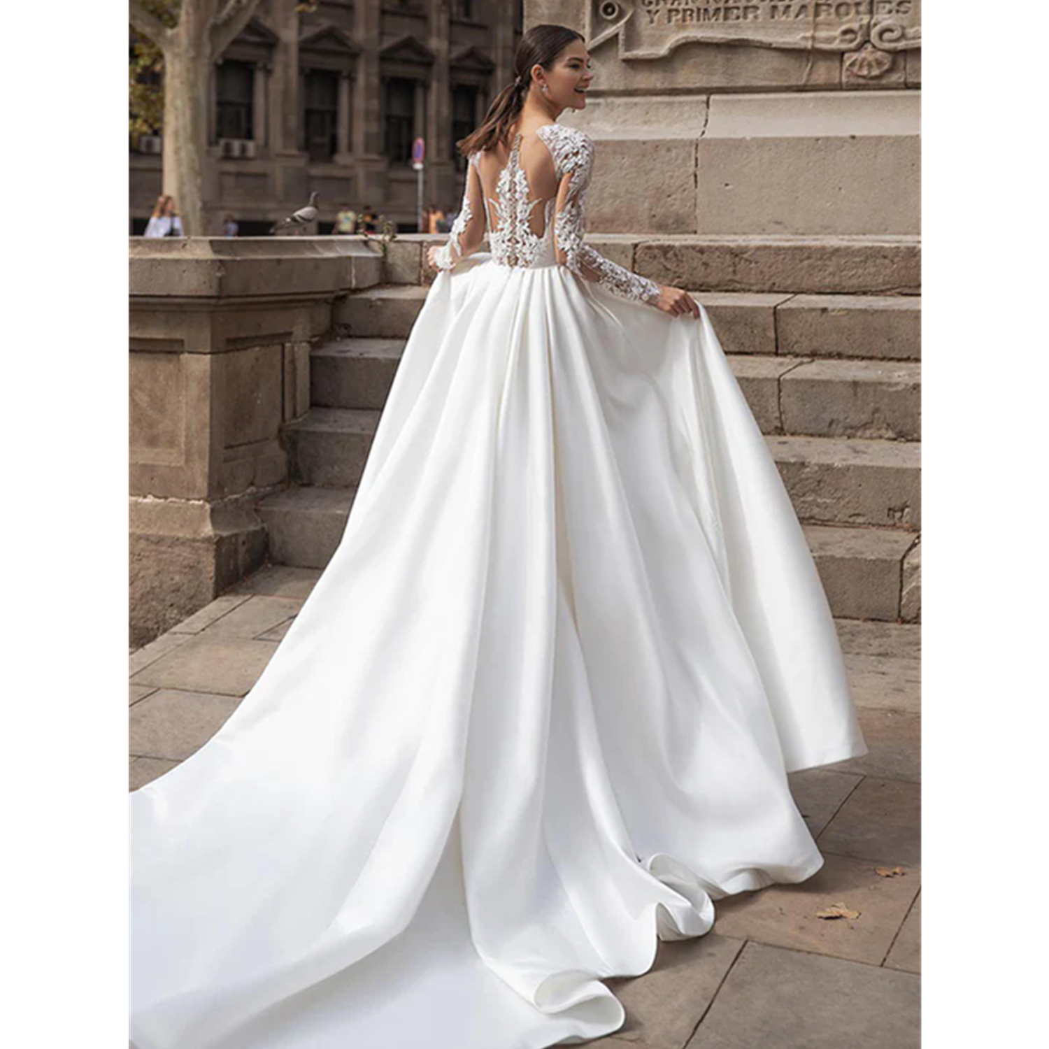 Distinctive A-Line Satin Ruched Appliques Boho Wedding Dress Beach Long Sleeves Bridal Gowns Lace Country Dress Second Reception Gown Vestidos de Novi