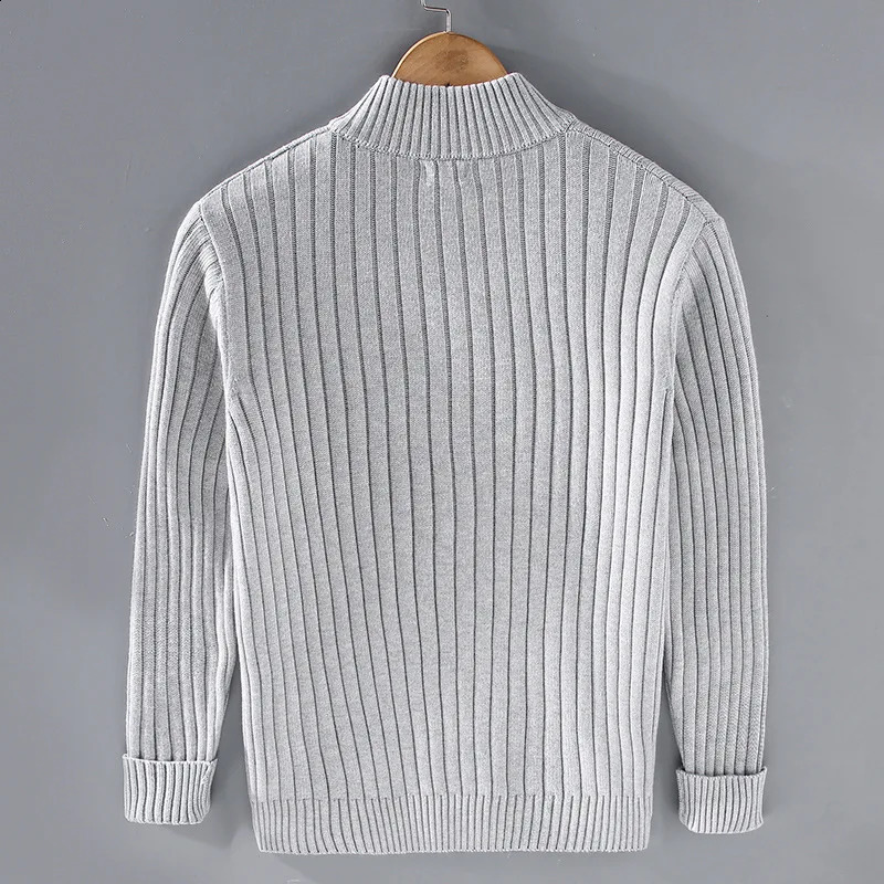 Autumn Winter Men Cardigan Sweater Mens Stand Collar Zipper Cotton 100% Thickened Knit Solid Color High Street Clothes 240816