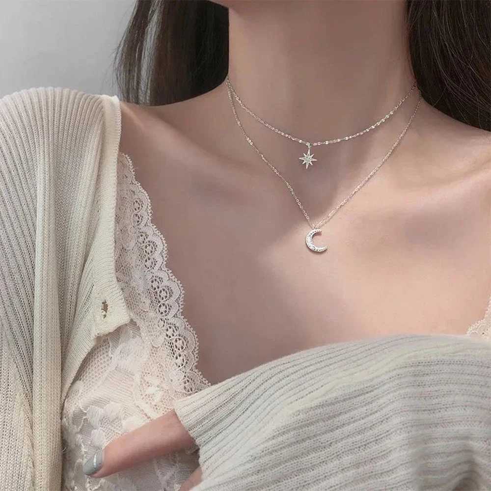SUMENG 2024 Simple Double Layer Star Moon Charm Multilayered Necklace Delicate Clavicle Chain Zircon For Women Fashion Jewelry W250616