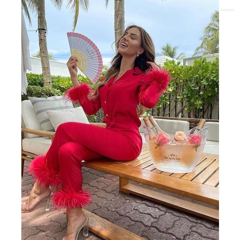 Women's Sleepwear QWEEK Satin Pajamas With Feathers Designer Clothes Women Luxury Summer Two Piece Loungewear Trouser Suits Pijama Sets