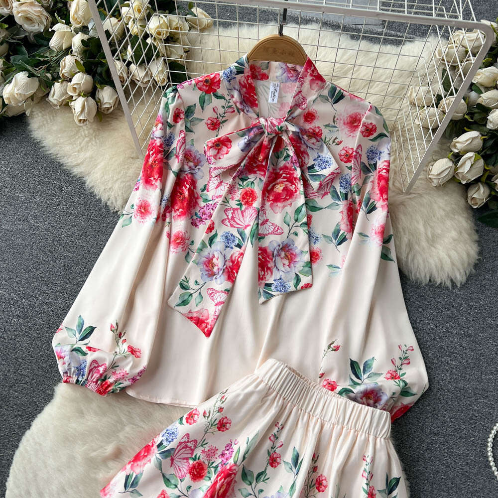 Spring Outfit New Style Temperament Sweet Print Womens Lantern Sleeve Shirt+high Waisted Cake Skirt Two-piece Set Trendy Sexy Round Neck Dress BOHO DR