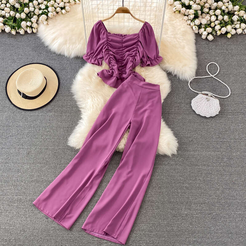 Fashionable Suit Womens Casual Pants with High Waist and Wide Leg, Two Piece Set of Square Neck Short Slim Fit Shirt Loose Novelty Round Neck Dress