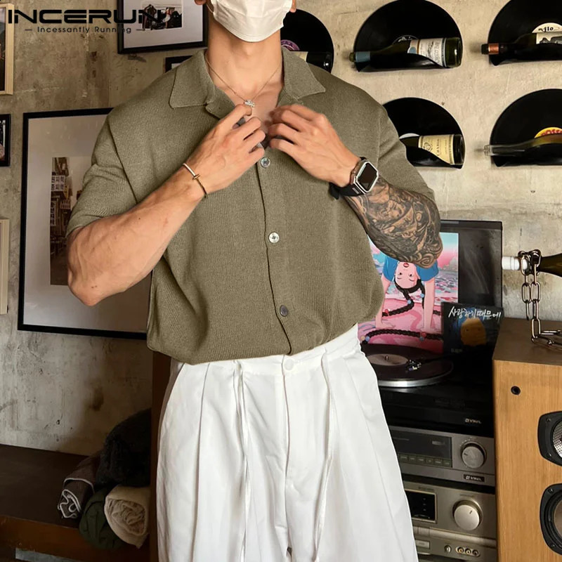Men Shirt Solid Color Knitted Lapel Short Sleeve Korean Style Summer Men Clothing Streetwear Shirts S-5XL 240724