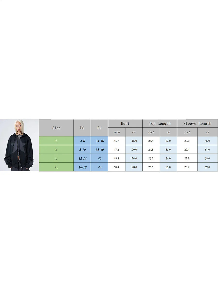 Womens Y2k Zip Up Hoodies Star Print Long Sleeve Graphic Hooded Jacket Aesthetic Oversized Coat Harajuku Streetwear 240813