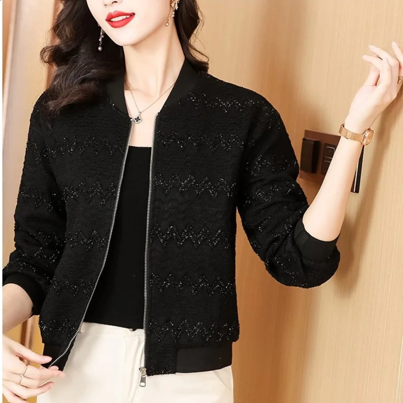 #5363 Black Baseball Jacket Women Zipper Slim Short Coat Ladies Stand Collar Vintage Outerwear Womens Jackets And Coats Slim 240812