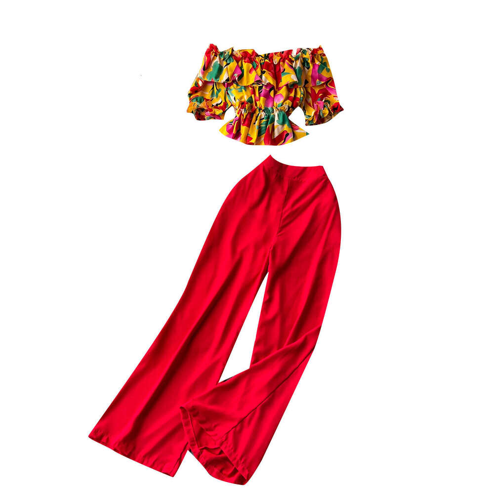Korean Fashion French One Line Shoulder Lotus Leaf Edge Fragmented Flower Shirt Two Piece Set Womens High Waist Slim Wide Leg Long Pants Loose Round N