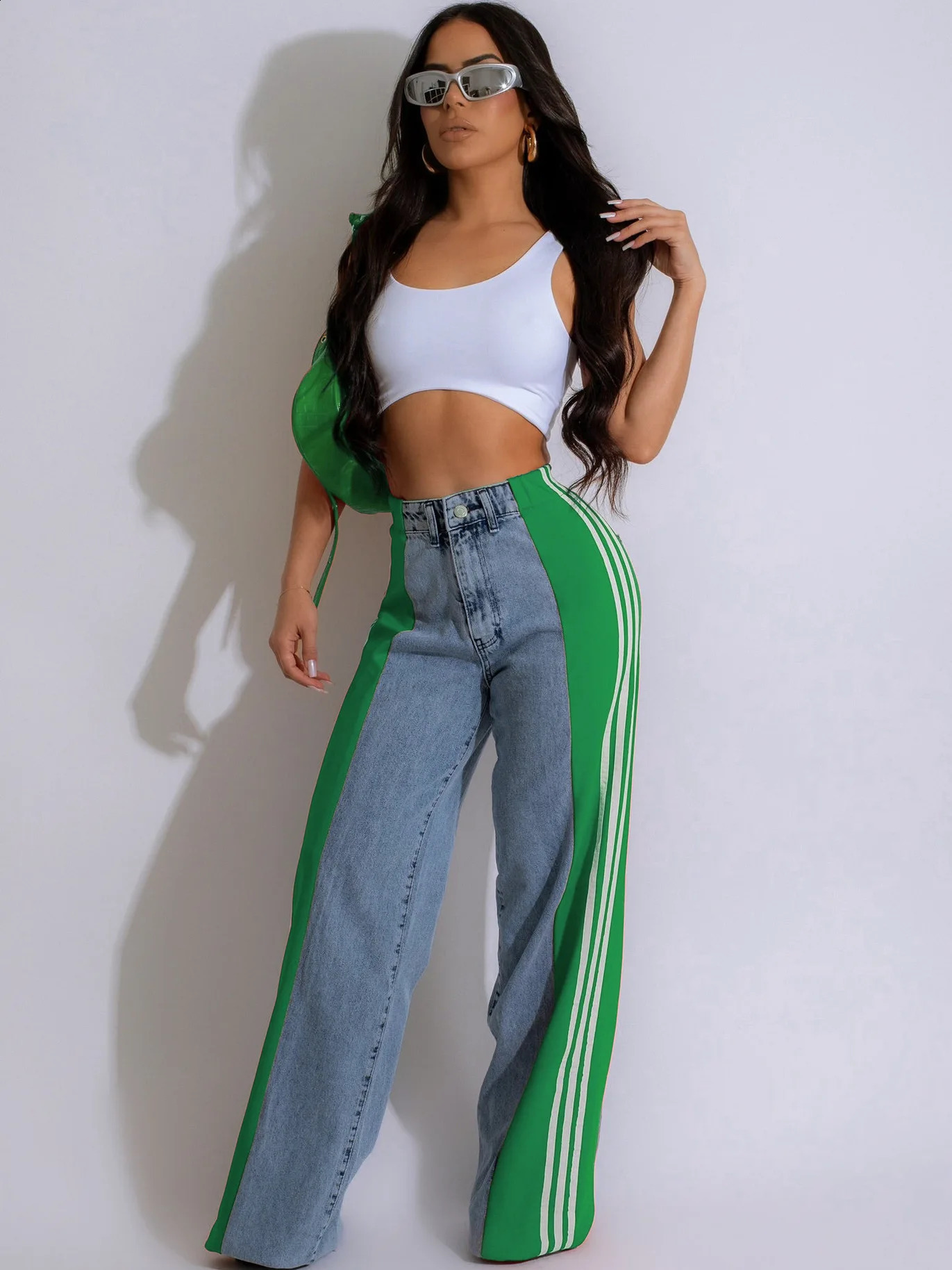 Vintage Streetwear Baggy Jeans Woman High Waist Stripe Splicing Straight Loose Wide Leg Denim Trousers Boyfriend Cargo Pants y2k 240806