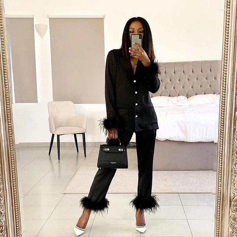Women's Sleepwear QWEEK Satin Pajamas With Feathers Designer Clothes Women Luxury Summer Two Piece Loungewear Trouser Suits Pijama Sets