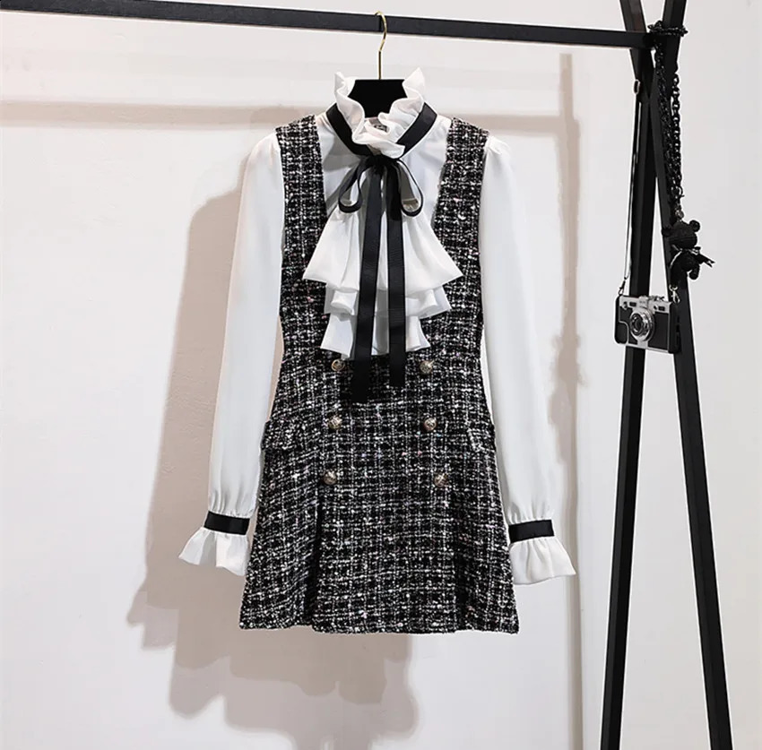 S-XXL Autumn Winter 2 Piece Set Dress Fashion Women Chiffon Ruffles Bow Shirt Double-breasted Plaid Tweed Dress Set 240724