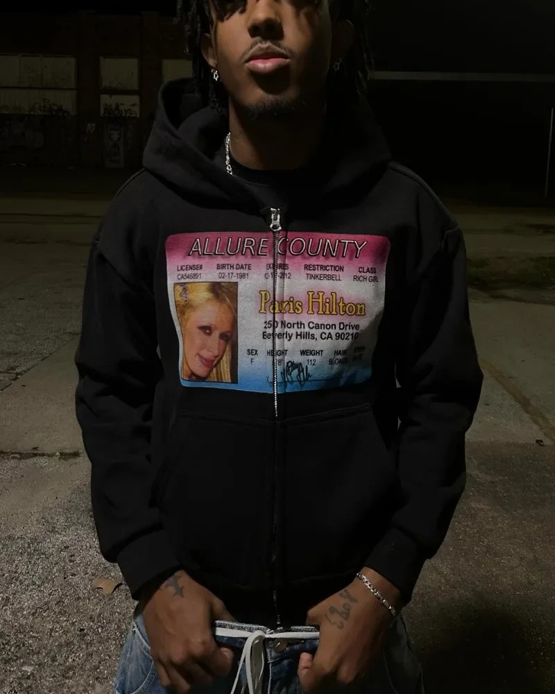 Vintage Zip Up Hoodie Y2K Harajuku Goth Pattern Print Sweatshirt Men Women Hip Hop Oversized Casual Streetwear 240722