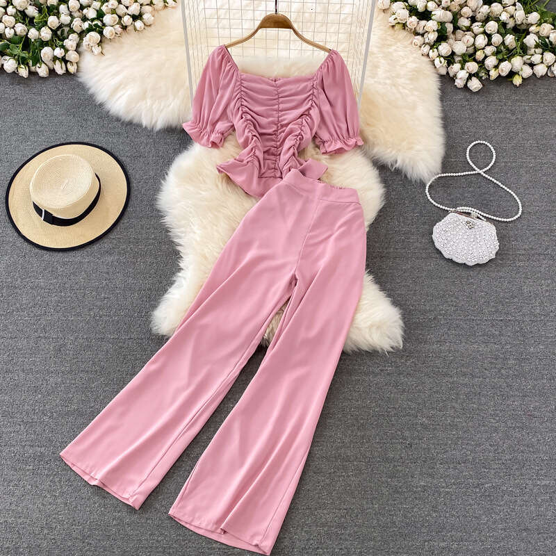 Fashionable Suit Womens Casual Pants with High Waist and Wide Leg, Two Piece Set of Square Neck Short Slim Fit Shirt Loose Novelty Round Neck Dress