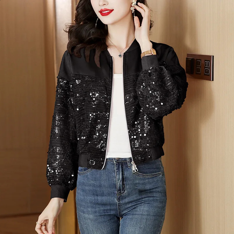 #5369 Black Pink Sequins Coat Women Slim Streetwear Baseball Jacket Batwing Sleeve Zipper Short Womens Jackets And Coats Spring 240812