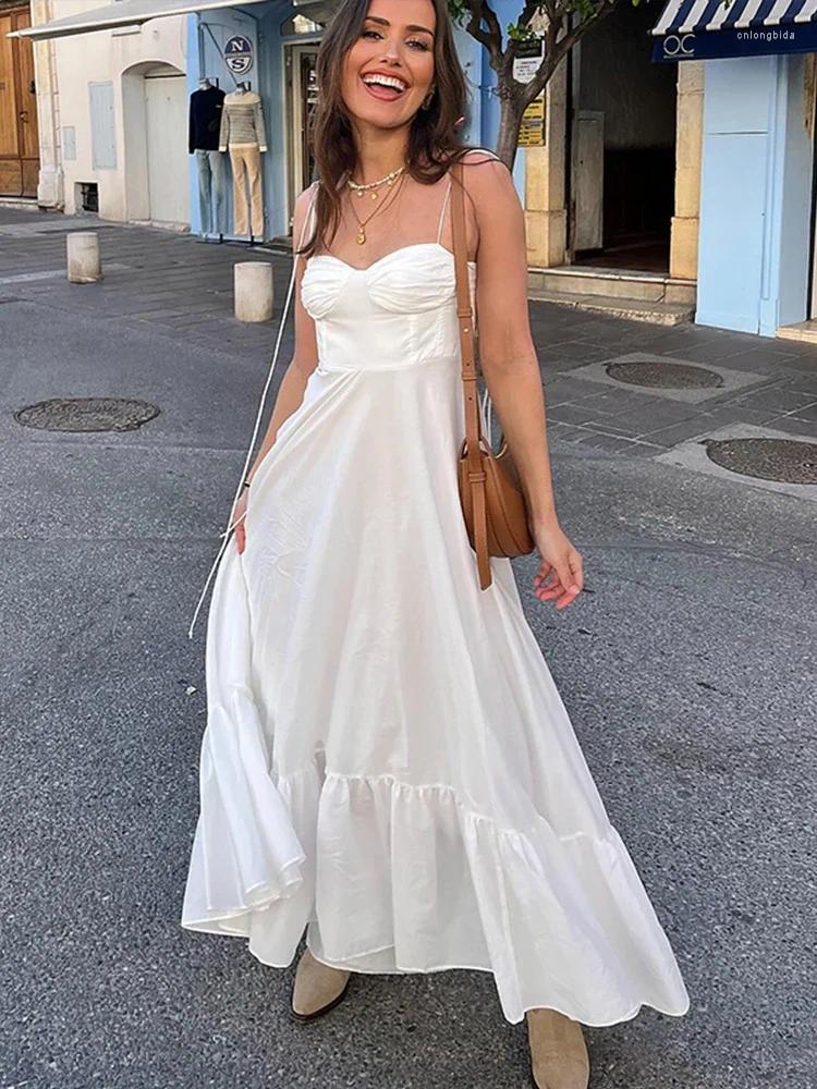 Casual Dresses Sexy Strap A-line Dress Women Elastic High Waist Ruffle Hem Sleeveless Backless Long White Summer Tube Top Robe