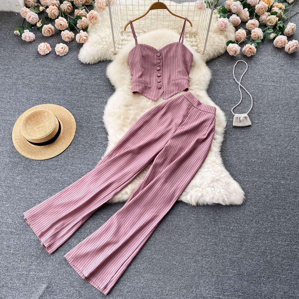 Summer 2024 New Womens Fashionable Fashionable, Light Mature Bra Stripe, Suspended Tank Top, and Pants Set of Two Novelty Waist Bifurcated SKINNY DRES