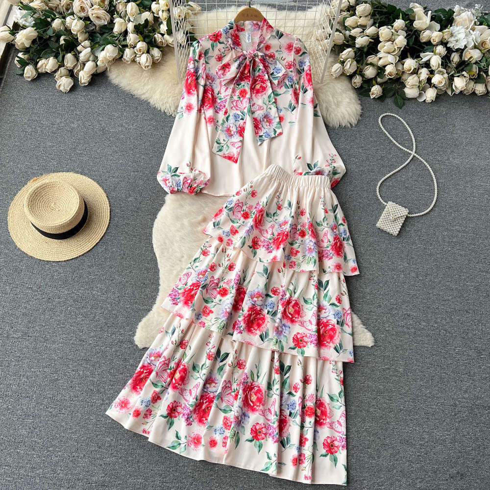 Spring Outfit New Style Temperament Sweet Print Womens Lantern Sleeve Shirt+high Waisted Cake Skirt Two-piece Set Trendy Sexy Round Neck Dress BOHO DR