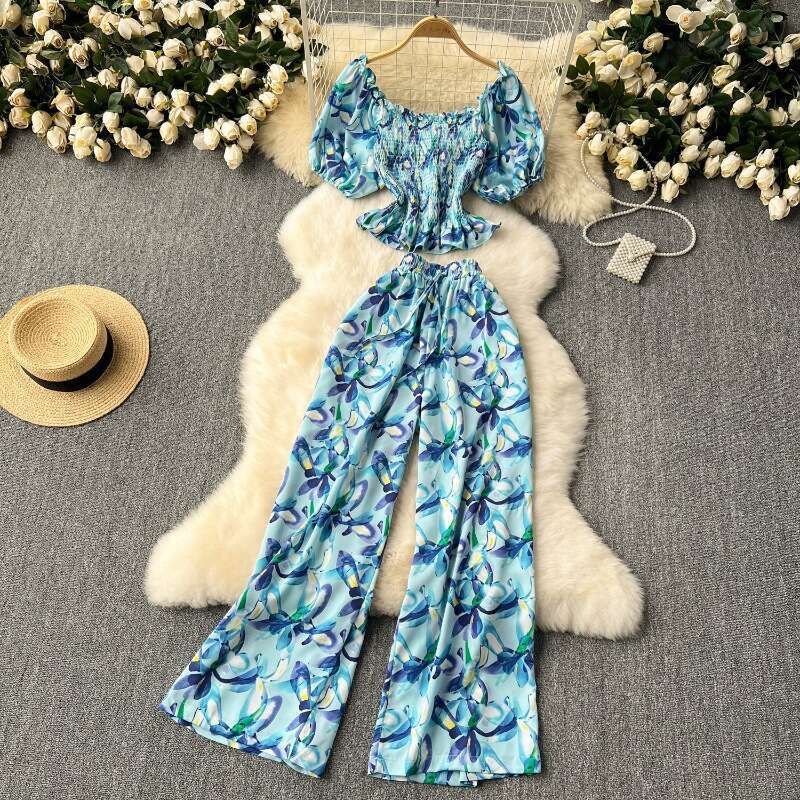 Age Reducing for Women in the Summer of 2024, New Western-style Waistband Bubble Sleeve Top, Loose Wide Leg Pants, Vacation Two-piece Set Bifurcated B