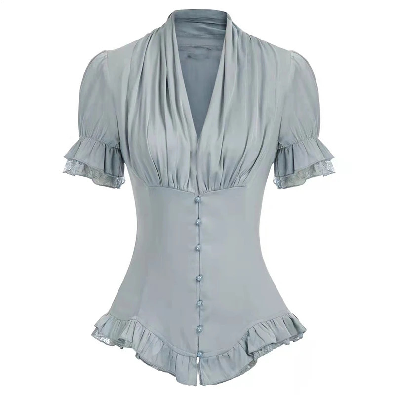 Vintage Victorian Blouse for Women Short Sleeve V Neck Lace Chiffon Slim Corset Shirt Tops 240723