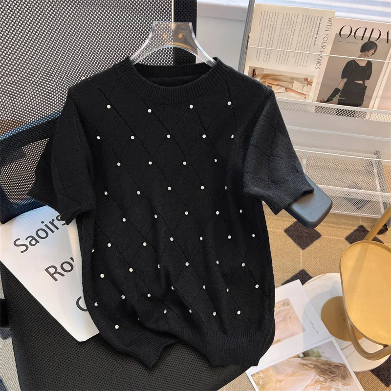 Summer Sweater Womens Knitted Pullover Loose O-Neck Short Sleeve Diamond Sweater Western Style Versatile Backing Pullover Tops 240723
