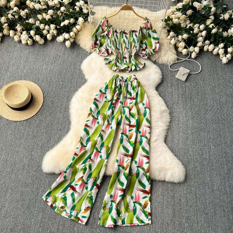 Age Reducing for Women in the Summer of 2024, New Western-style Waistband Bubble Sleeve Top, Loose Wide Leg Pants, Vacation Two-piece Set Bifurcated B