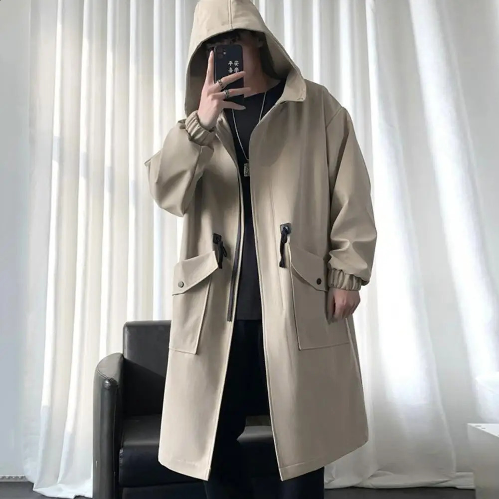 Men Trench Coat Hooded Loose Mid Length Big Pockets Long Sleeve Windproof Solid Color Zipper Closure Anti-wrinkle Elastic Cuff S 240716