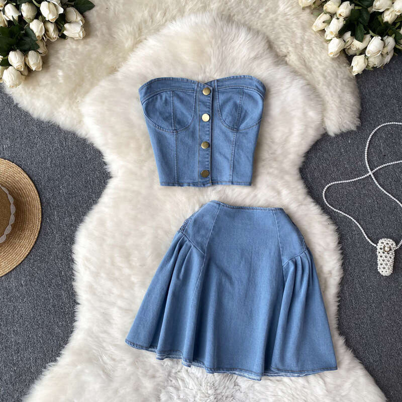 Sweet and Cool Spicy Girl Skirt Womens Summer Short Cowboy Bra Top Two Piece Set High Waist A-line Half Skirt Short Sexy Pregnant Womens Dress BOHO DR