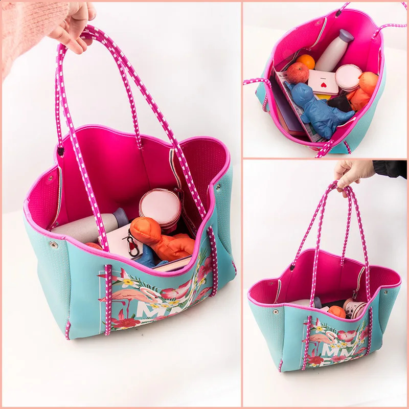 Diving Cloth Beach Bags Printed Flamingo Handbag Outdoor Picnic Womens Large Capacity Shoulder Tote Bag Neoprene 240723