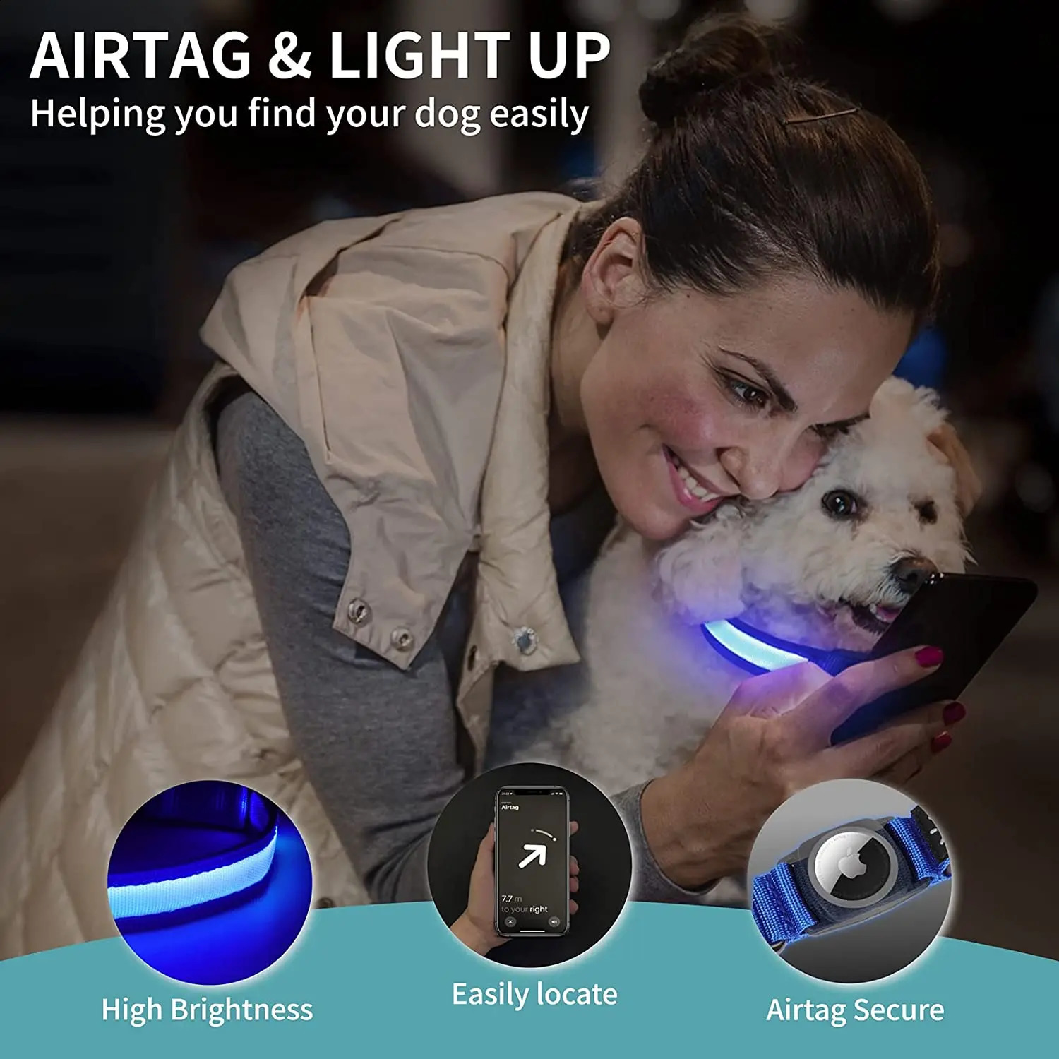 For Apple Airtag GPS Finder Led Dog Collar WaterProof Light USB Chargeable Luminous collar Pet Air Tag Tracker Case 240722