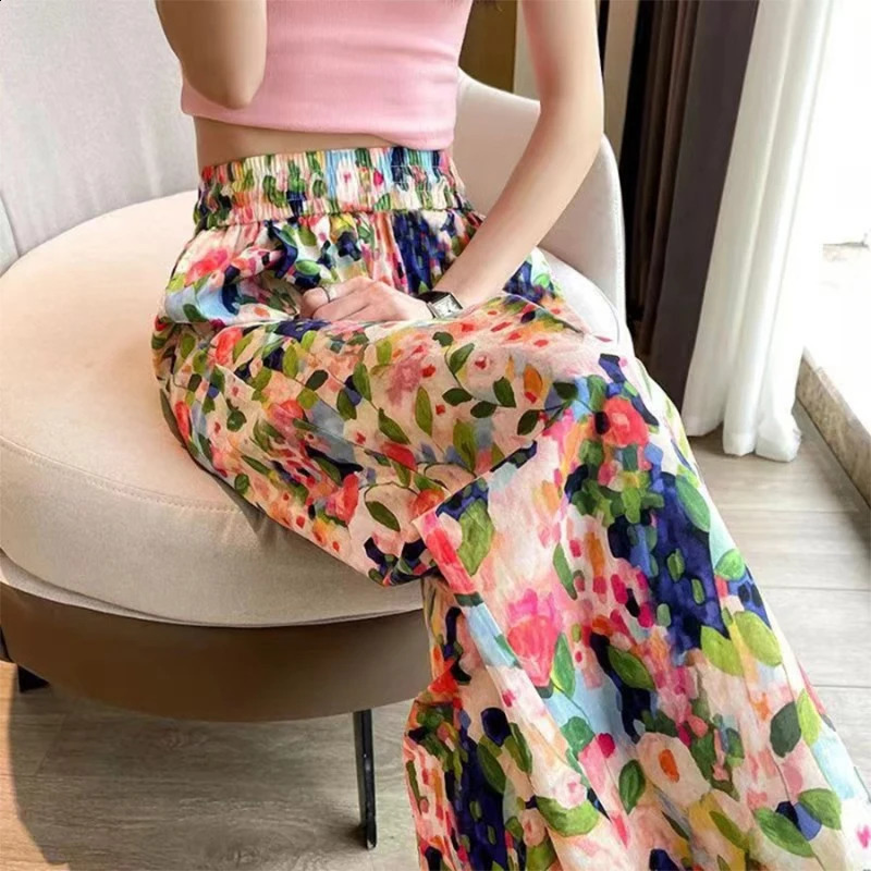 Summer Womens Pants Loose Beach Pants Casual Style Wide Leg Drawstring Comfortable Y2k Straight Floral Trousers Sweatpants 240723