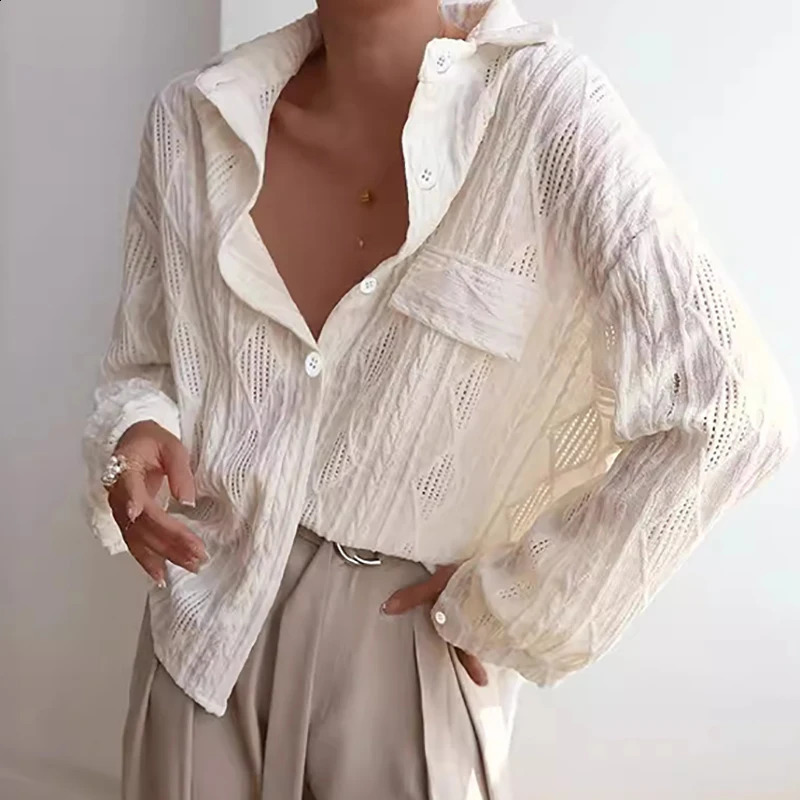 Women Elegant Turndown Collar Button Shirt Autumn Long Sleeve Crochet Hollow Top Mujer Spring Solid Jacquard Blouse 240723