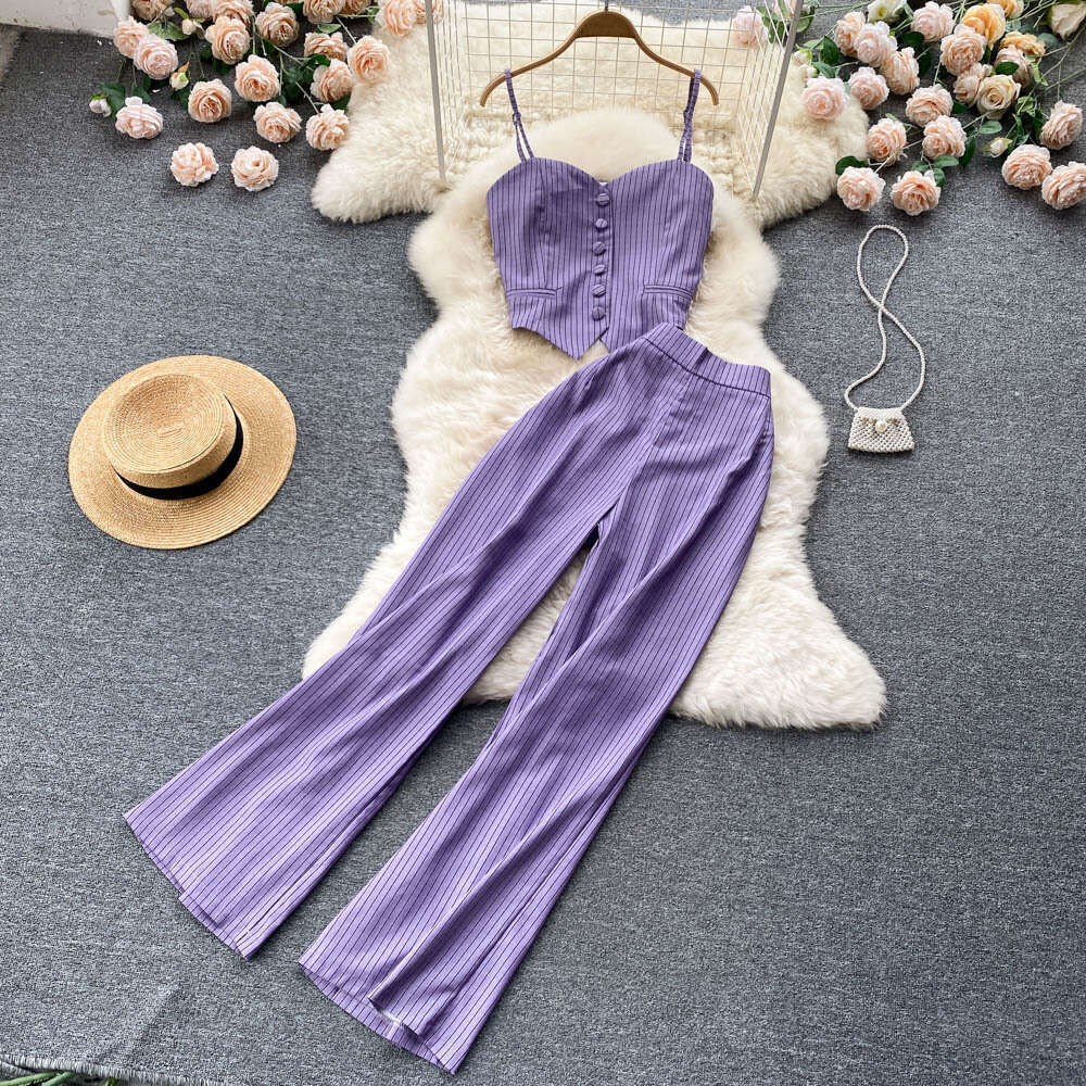 Summer 2024 New Womens Fashionable Fashionable, Light Mature Bra Stripe, Suspended Tank Top, and Pants Set of Two Novelty Waist Bifurcated SKINNY DRES