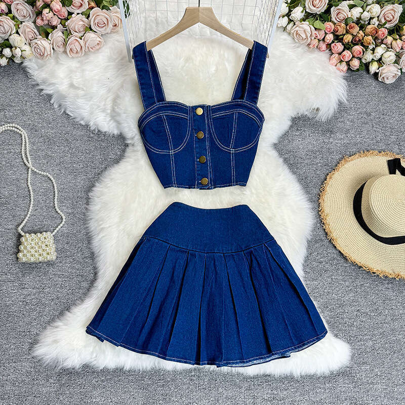 Chic Spicy Girl Style Short Camisole Vest Versatile Mini Skirt Denim Two-piece Set Trendy Bifurcated Novelty Sexy Short Temperament Silk Dress SKINNY 