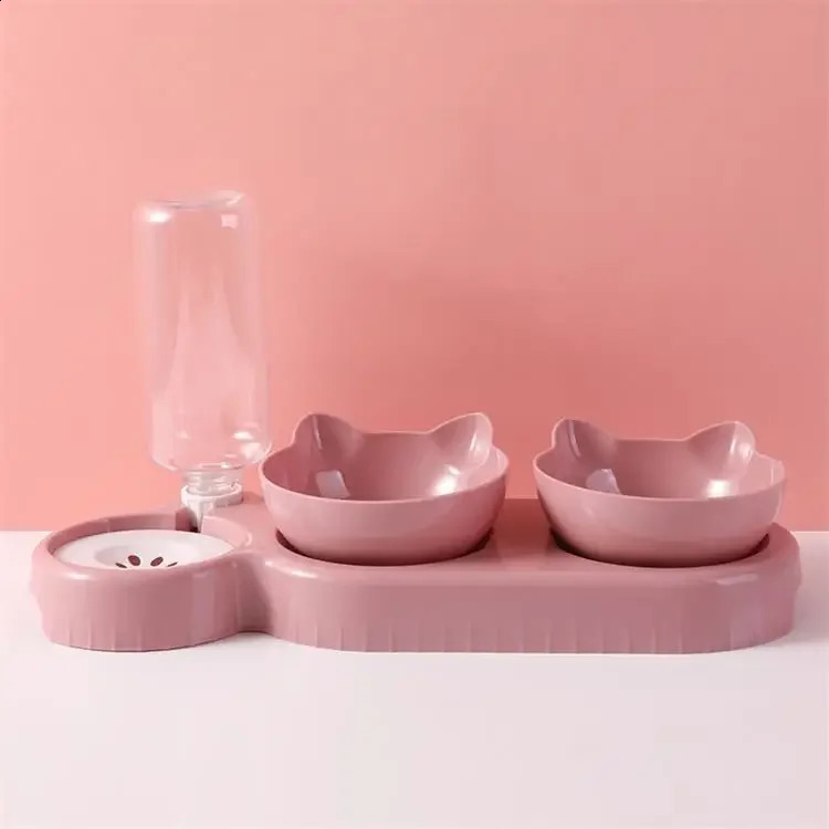 Pet Automatic Water Dispenser Dog Cat Food Feeder With Drinking Raised Stand Double Dish Anti-knockover Bowl