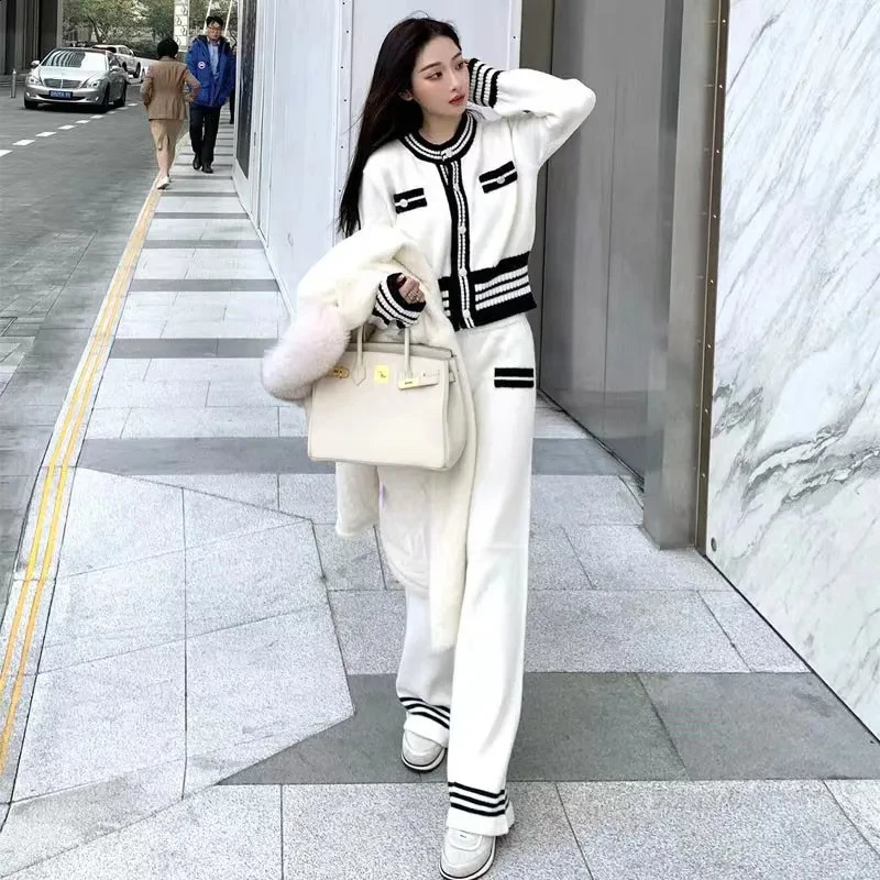 Small Fragrance Professional Fashion Suit Female Network Red Y2k Autumn Fashion Knit Wide-Leg Pants Two-Piece Set Women 240724